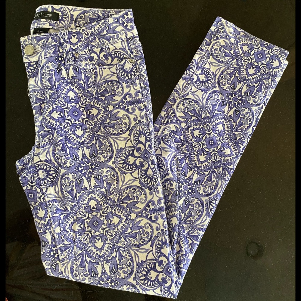 WHBM Damask Print Slim Ankle Stretch Jeans 00R